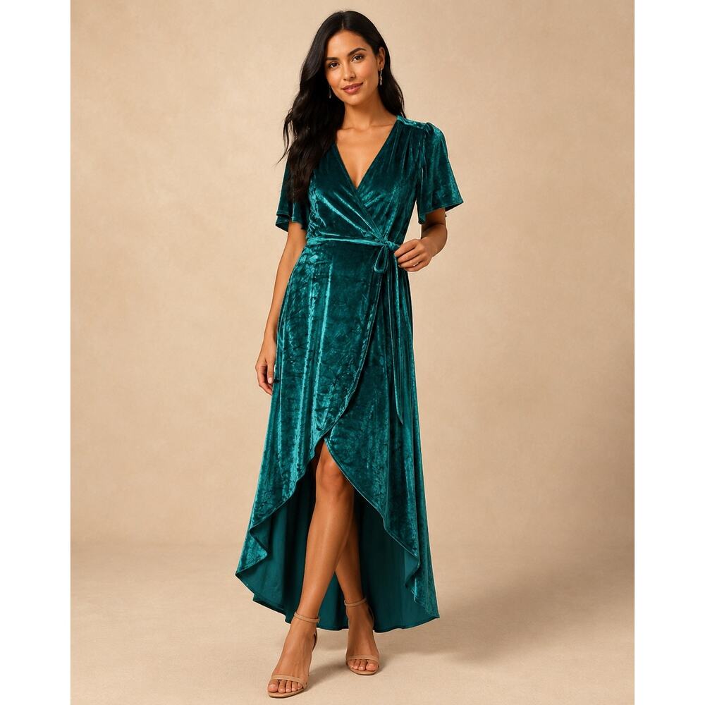 Lulus Amour Teal Green Velvet High-Low Wrap Dress Women’s Medium